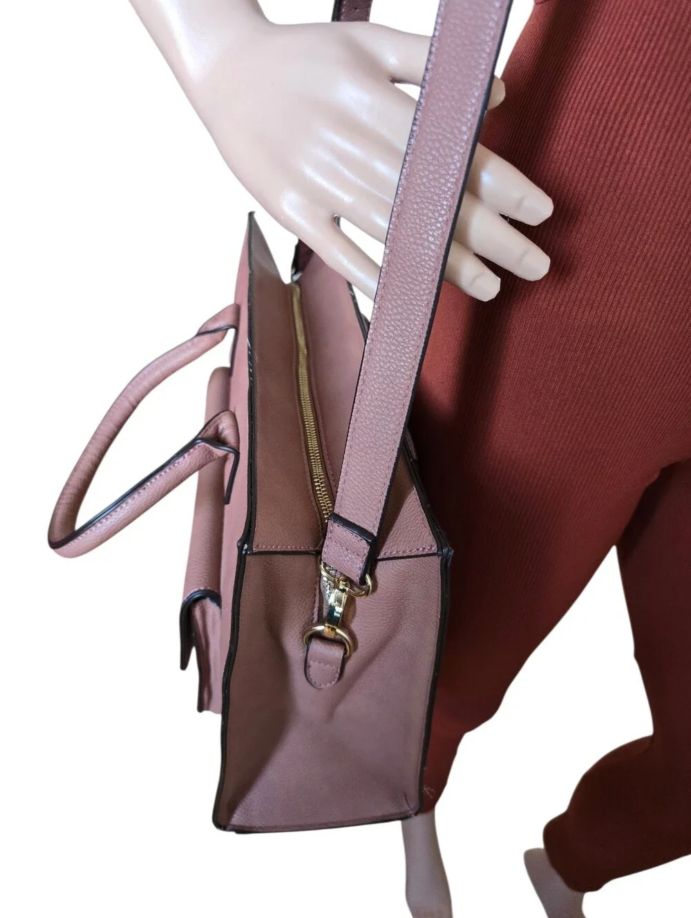 Justfab Women's Mauve Pink Pebbled Faux Leather Large Satchel Tote Handbag - Picture 4 of 16